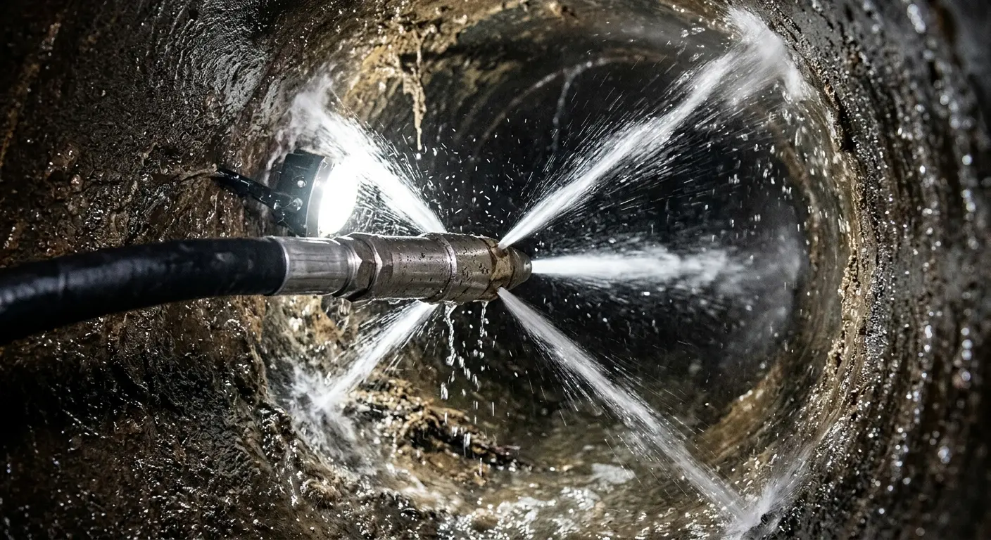 High-pressure hydro jetting nozzle cleaning sewer pipe for Sewer Cleanout in Walla Walla