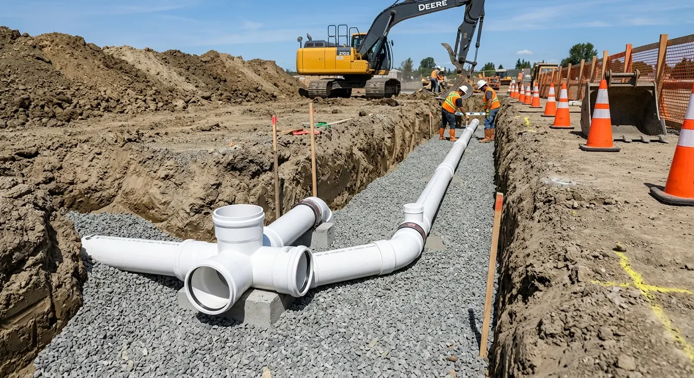 New PVC sewer pipe installation in open trench for Commercial Drain Cleaning in Walla Walla