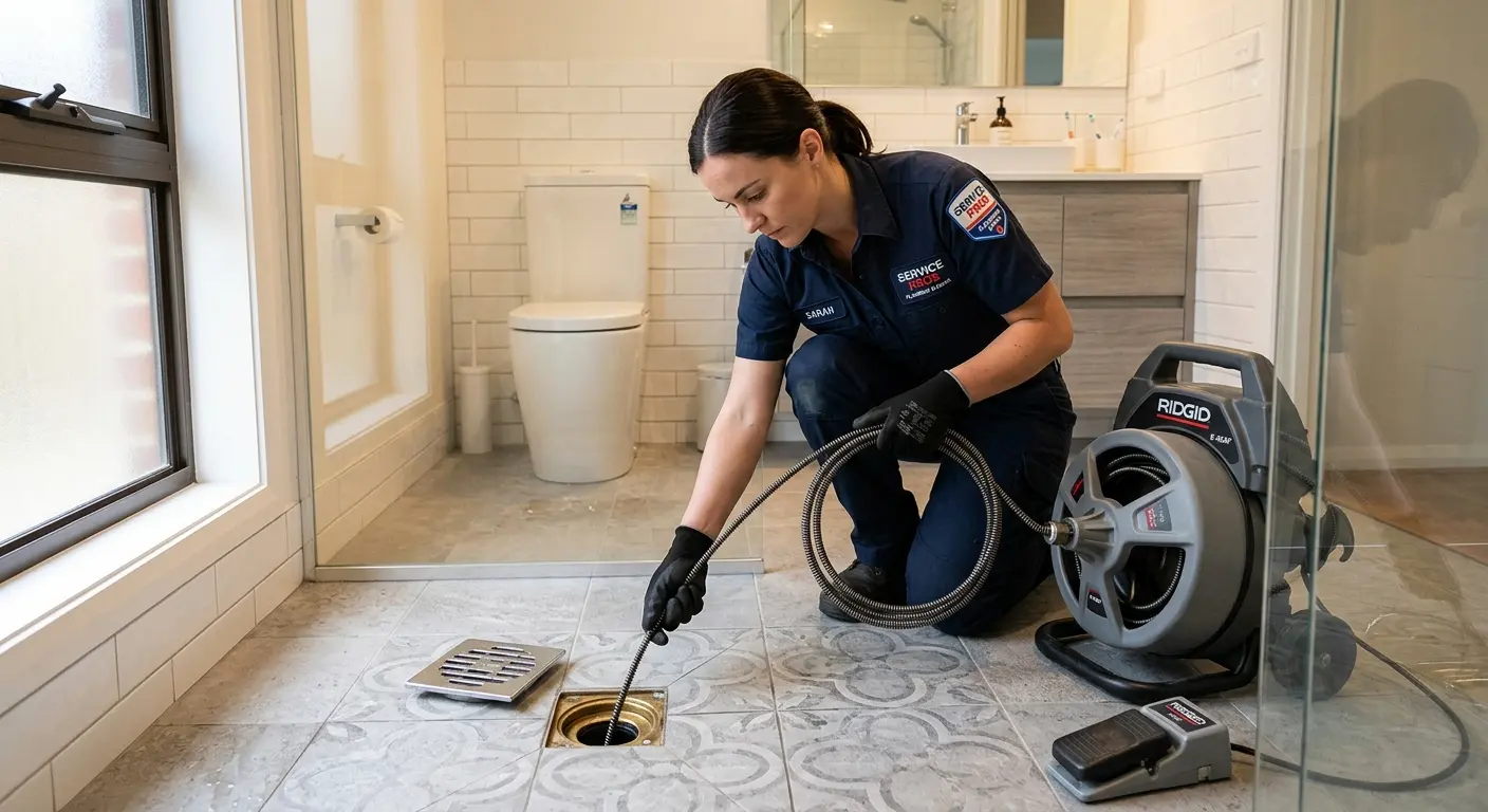 Technician clearing a bathroom floor drain for Hydro Jetting in Walla Walla